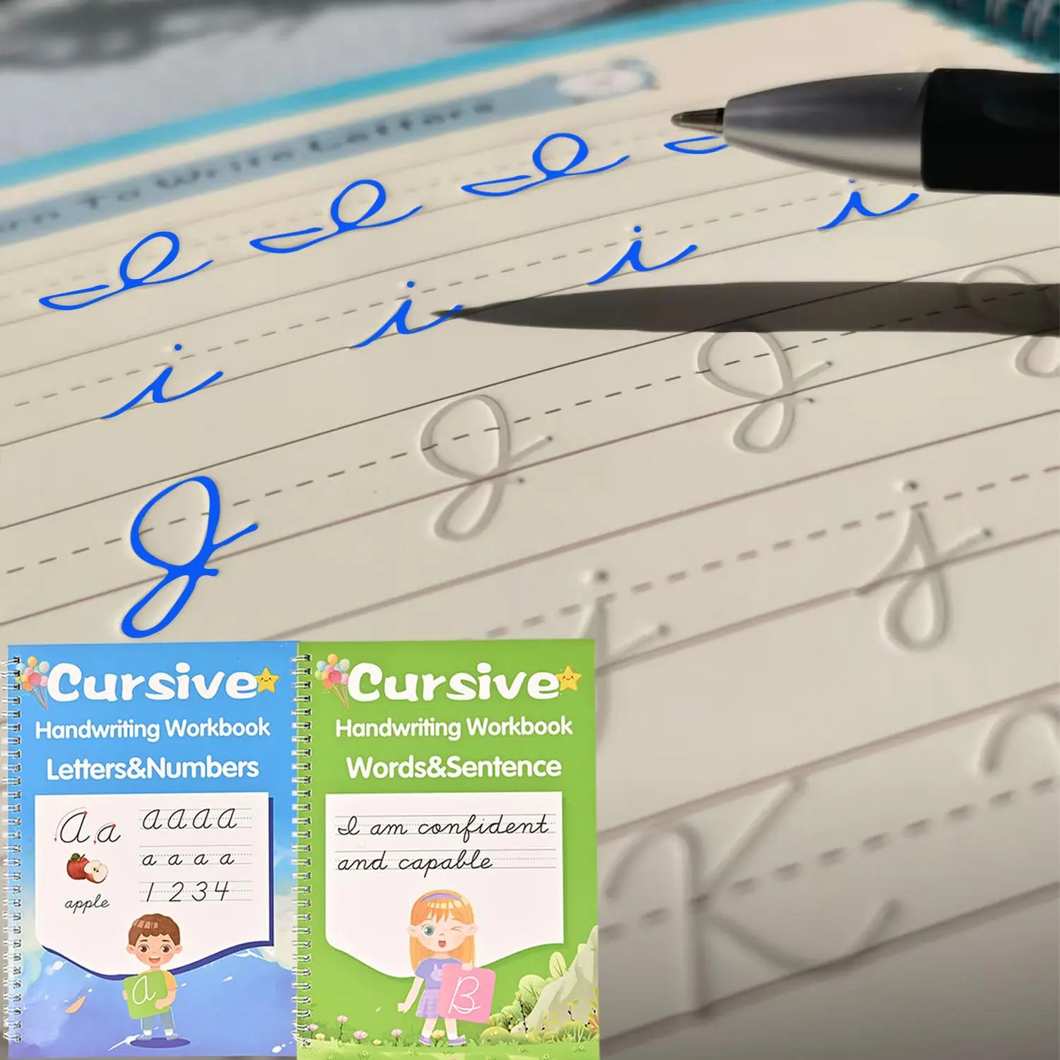 2 Pack Grooved Cursive Handwriting Workbook Set with 2 Pencil Grips, Disappearing Ink Pens & Refills, Homeschool Learning Tool, Gift Ideas for Kids’ Birthdays, for 8-12 Year Olds & Adult Beginners, Back To School Haul, 10.2 X 7.3 Inches