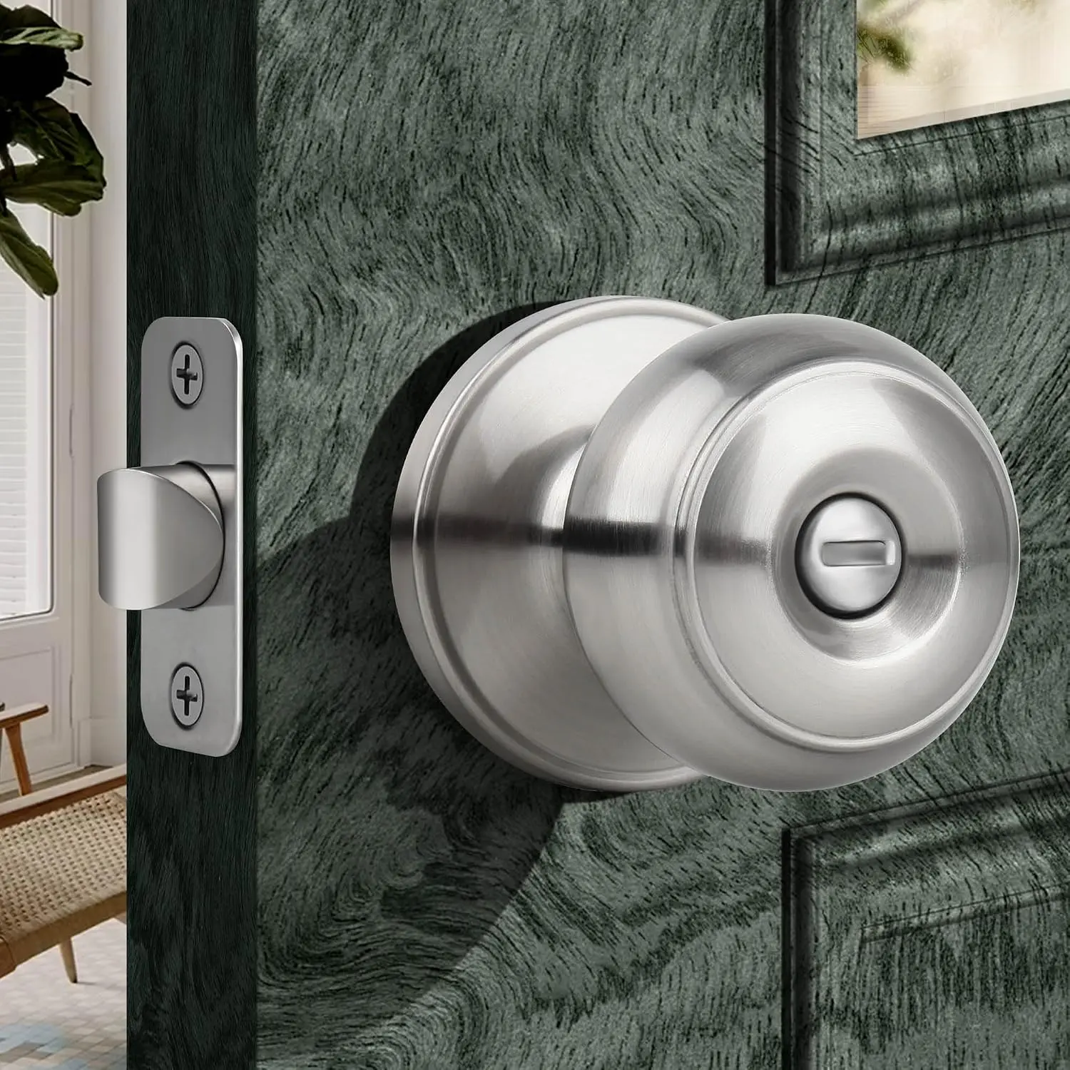 Door Knob with Lock, Keyless Interior Flat Ball Door Knob for Bathroom or Closet, Satin Nickel