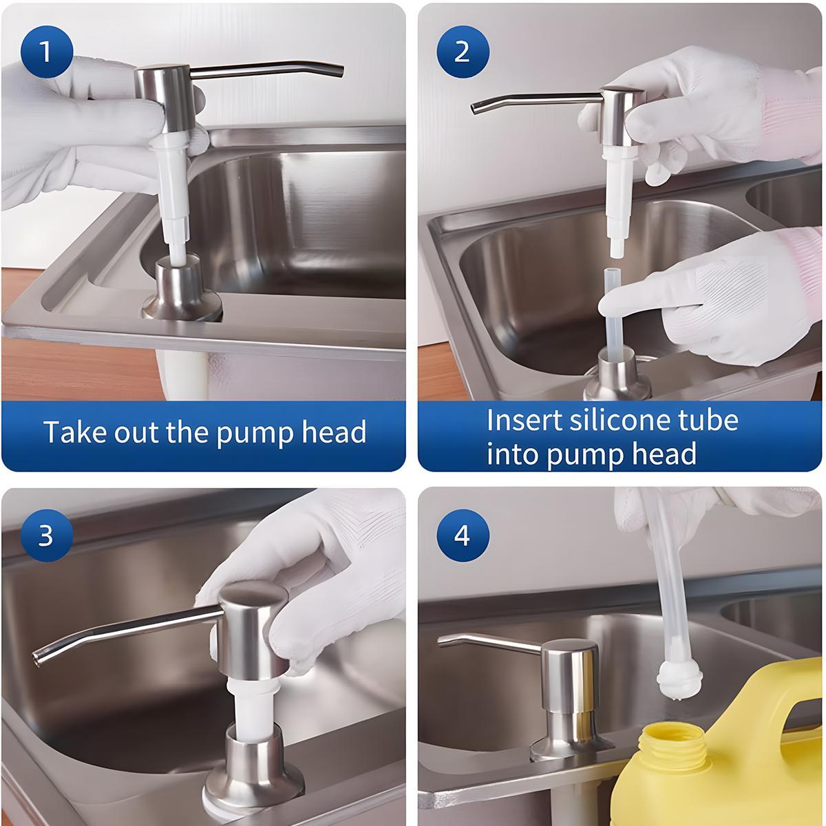 Kitchen Gadgets Home Hack Dish Soap Dispenser for Kitchen Sink and Tube Kit, 47" Tube Connects Pump Directly to Soap Bottle Steel Stainless Brushed Nickel Fitting Silicone