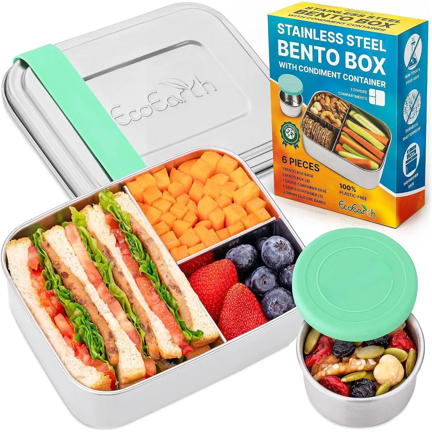 Stainless Steel Bento Box - 27 oz - Leakproof Metal Lunch Boxes for Adults with 3 Compartments - Small Tin  Containers with Condiment Cups - Snack Box for Work - Green