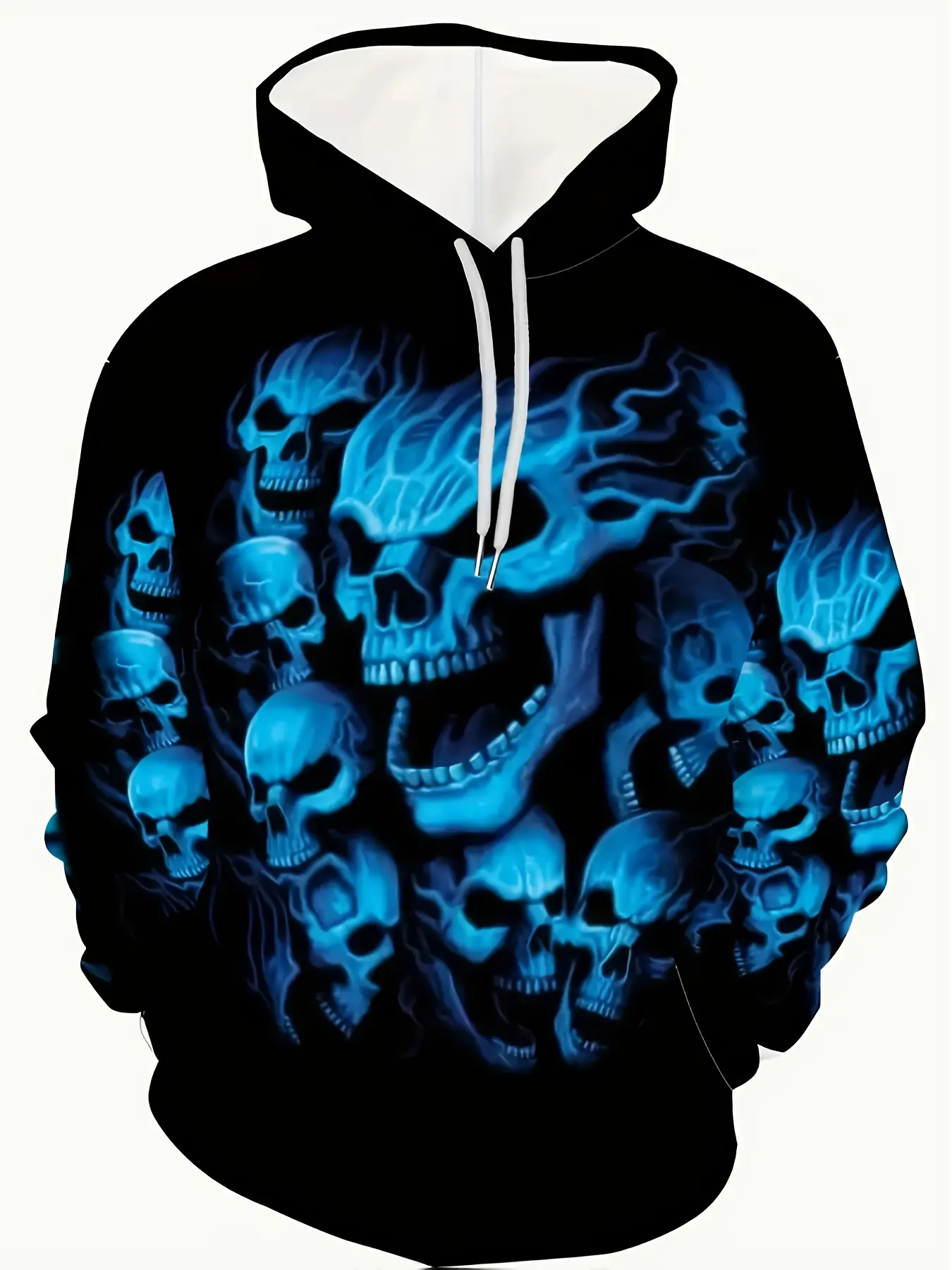 Trendy Glowing Blue Skeleton Flame Graphic Pullover Hoodie Black Gothic Skull Pattern Long Sleeve Sweatshirt With Kangaroo Pocket Daily Streetwear