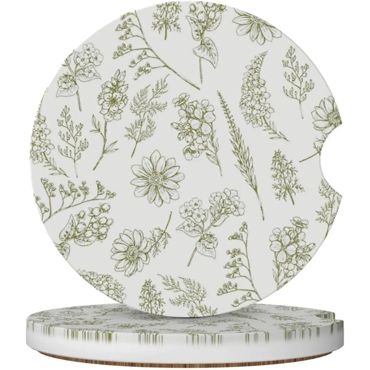 Vintage Green Flower Ceramic Car Cup Coasters 2 Pack - 2.56 Inch Non-Slip Cup Holder Mats with Cork Base, Finger Notch for Car Interior Accessories for Women Girls
