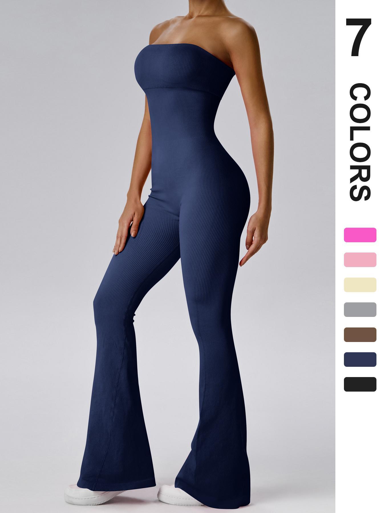 Women's Sexy Yoga Ribbed One Piece Tube Jumpsuit Rompers Flared Trousers Tights Push-up Sports Bodysuit Women Fitness Suit Workout Sportswear Gym Sportswear Jumpsuits