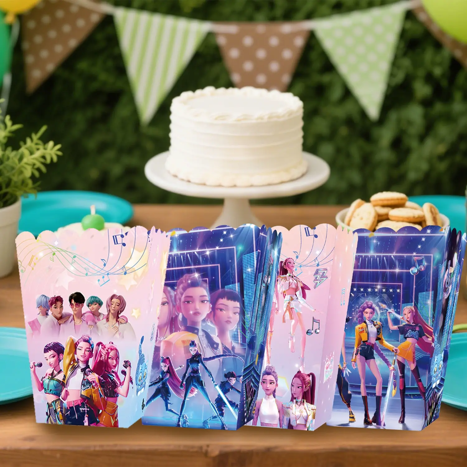 Korean cartoon girl group themed popcorn boxes, a total of 12 popcorn boxes! Fill with popcorn and candy in the party tea break area for guests to enjoy, the cartoon patterns are suitable for scene photography, perfect props for birthday party photos