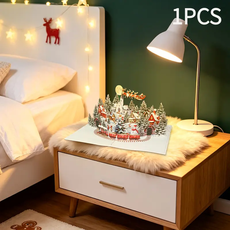3D Pop-up Christmas Card - Christmas Eve scene, Santa Claus, reindeer, snowy village and moonlit sky - greeting card for friends and family with festive greetings, festive design | Detailed illustrations, Christmas card