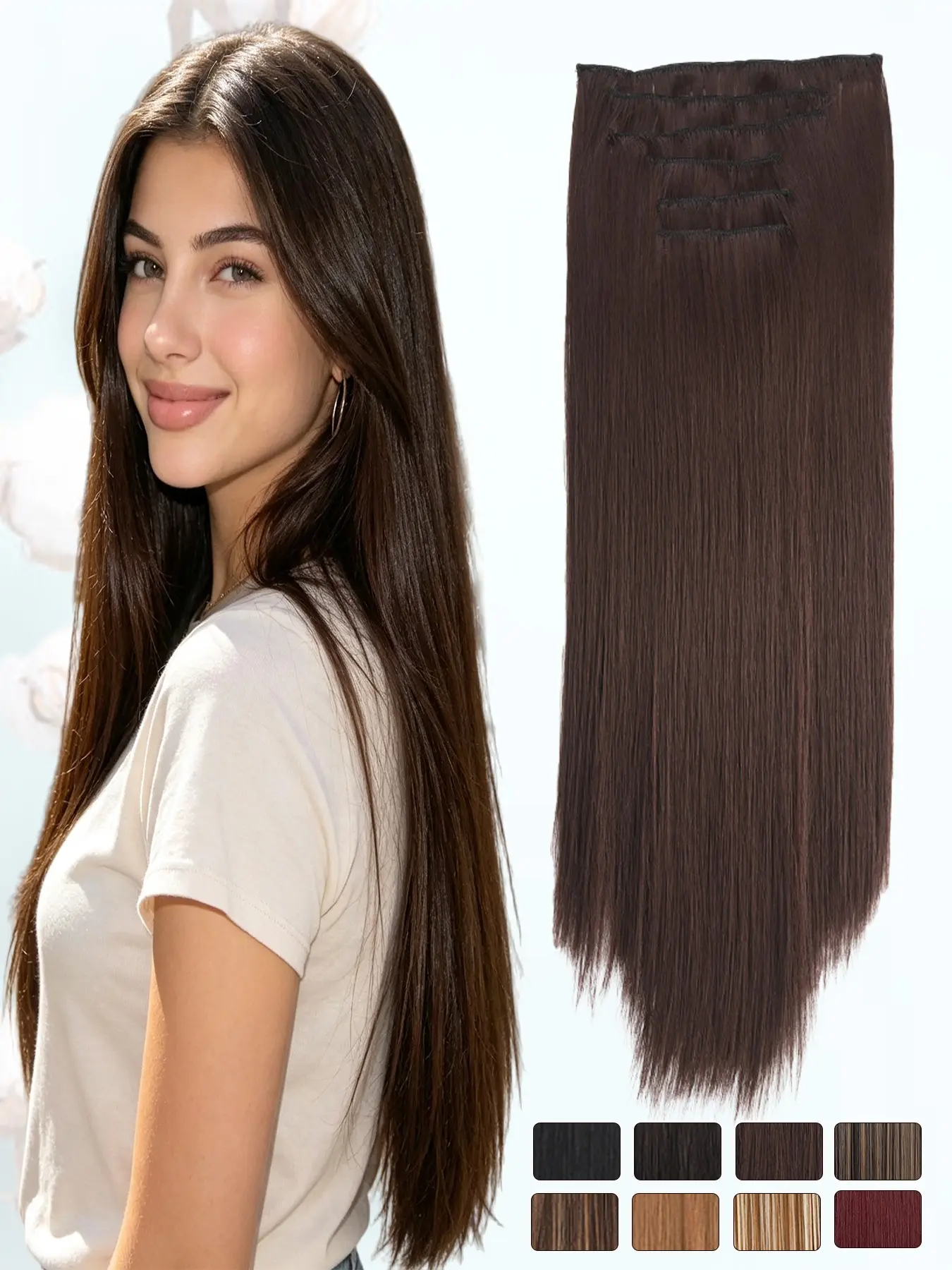 24-Inch 6-Piece Straight Clip-In Hair Extensions, Lightweight Synthetic Fiber Set, Natural Volume, Perfect for Parties and Events