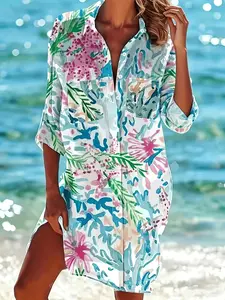 Tropical Floral Print Shirt Dress, Boho Style Loose Collar Button Beach Cover-Up, Rollable Sleeves Side Split Long Top, Bikini Outerwear for Summer, Swimwear Cover Up