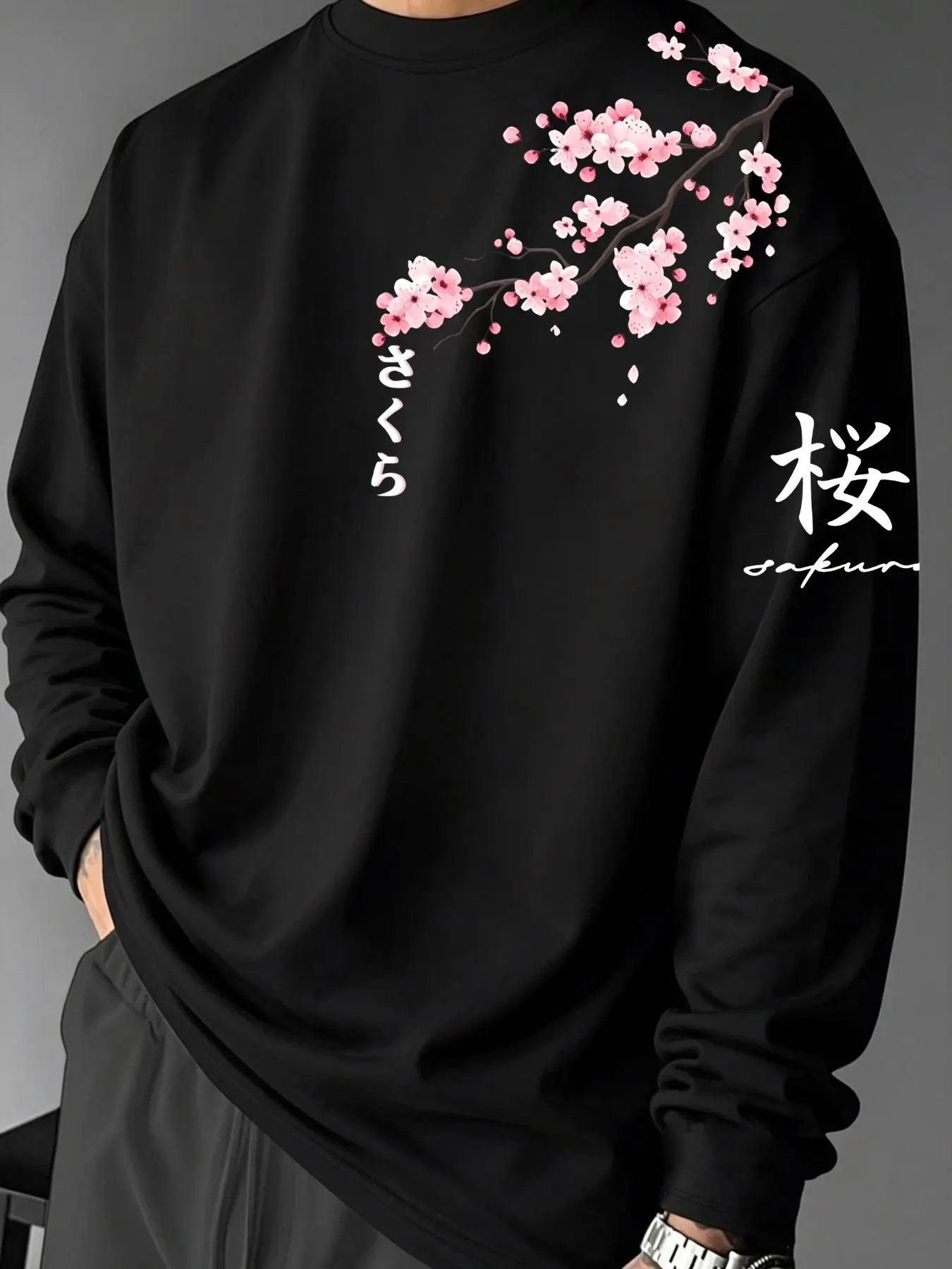 Men's Letter Cherry Blossom Print Long Sleeve Top, Casual Slim-Fitting T-Shirt, Trendy Daily Wear, All Seasons Fashion