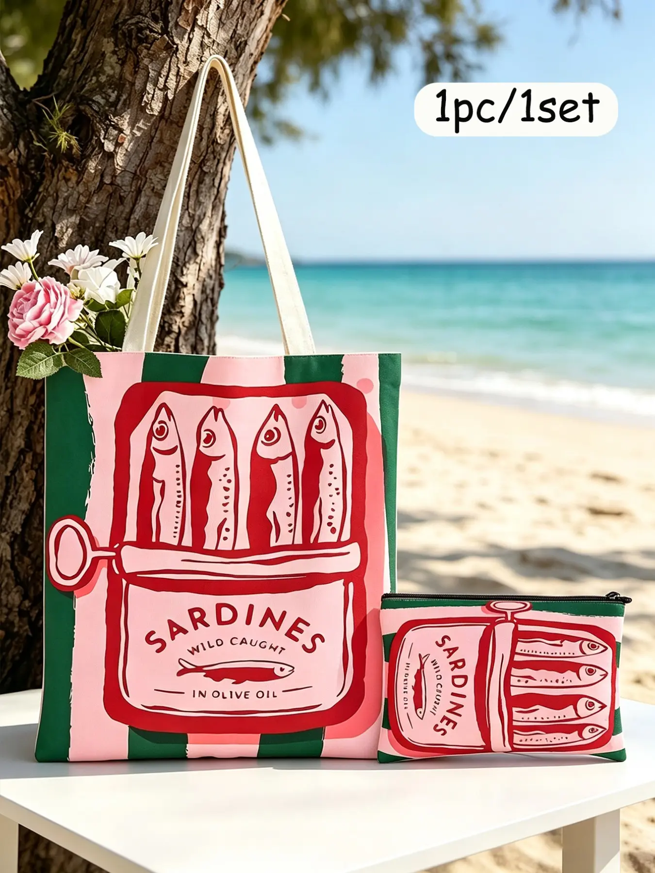 Retro Sardine Print Canvas Tote Bag & Makeup Pouch, Large Capacity Portable Handbag, Women's Daily Beach Shopping Travel Storage Bag