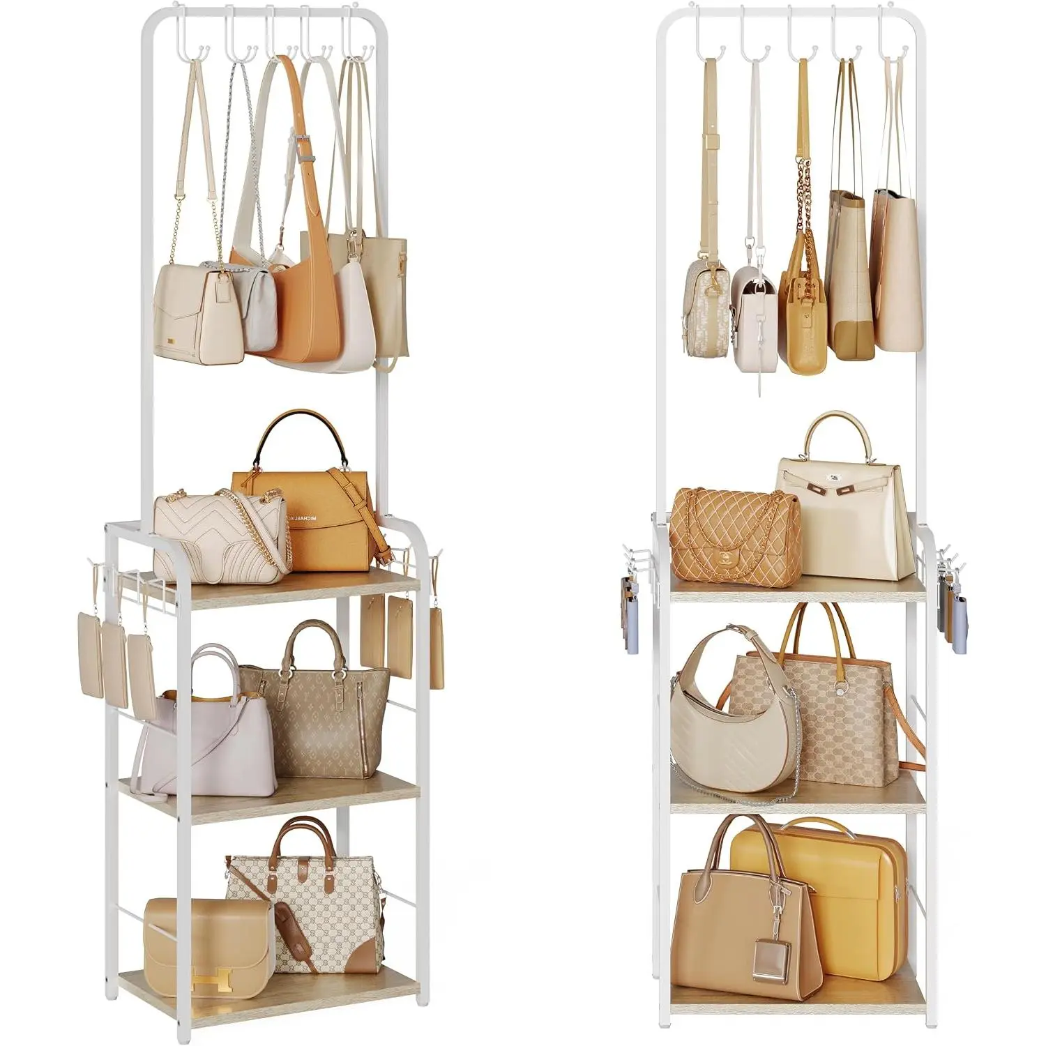 Purse Organizer for Closet, Handbag Storage Rack and Tall Purse Shelf | 3  Shelves, 5 Hangers, 6 Side Hooks: Narrow rack fits beside closets or dressers in bedrooms and dressing rooms.
