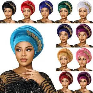 African Auto Gele Turban Hat Pre-Made Shiny Crinkle Fabric Beret Head Wrap with Rhinestone Leaf Appliqué for Nigerian Women Party Church Headwear