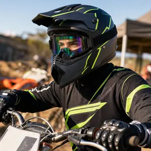 Full Face Motocross Helmet, CVXVC ABS Shell & Neon Stripe Design, 4-Piece Set With Goggles Gloves & Mask, For Adult Off-Road Dirt Bike Riding & Trail Racing, Shockproof Lightweight Ventilated All-Day Secure Fit