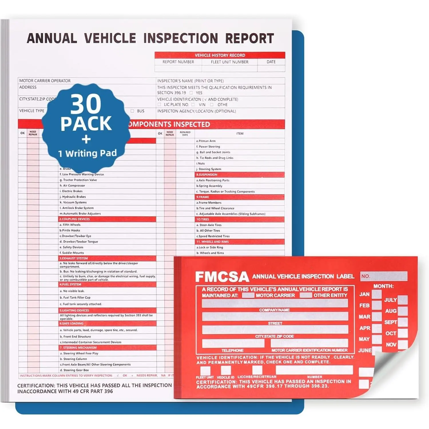30-Pack Annual Vehicle Inspection Report Forms - 3-Ply Carbonless Forms with Hardboard, 30-Pack Red FMCSA DOT Permanent Aluminum Adhesive Stickers, FMCSA DOT Compliant