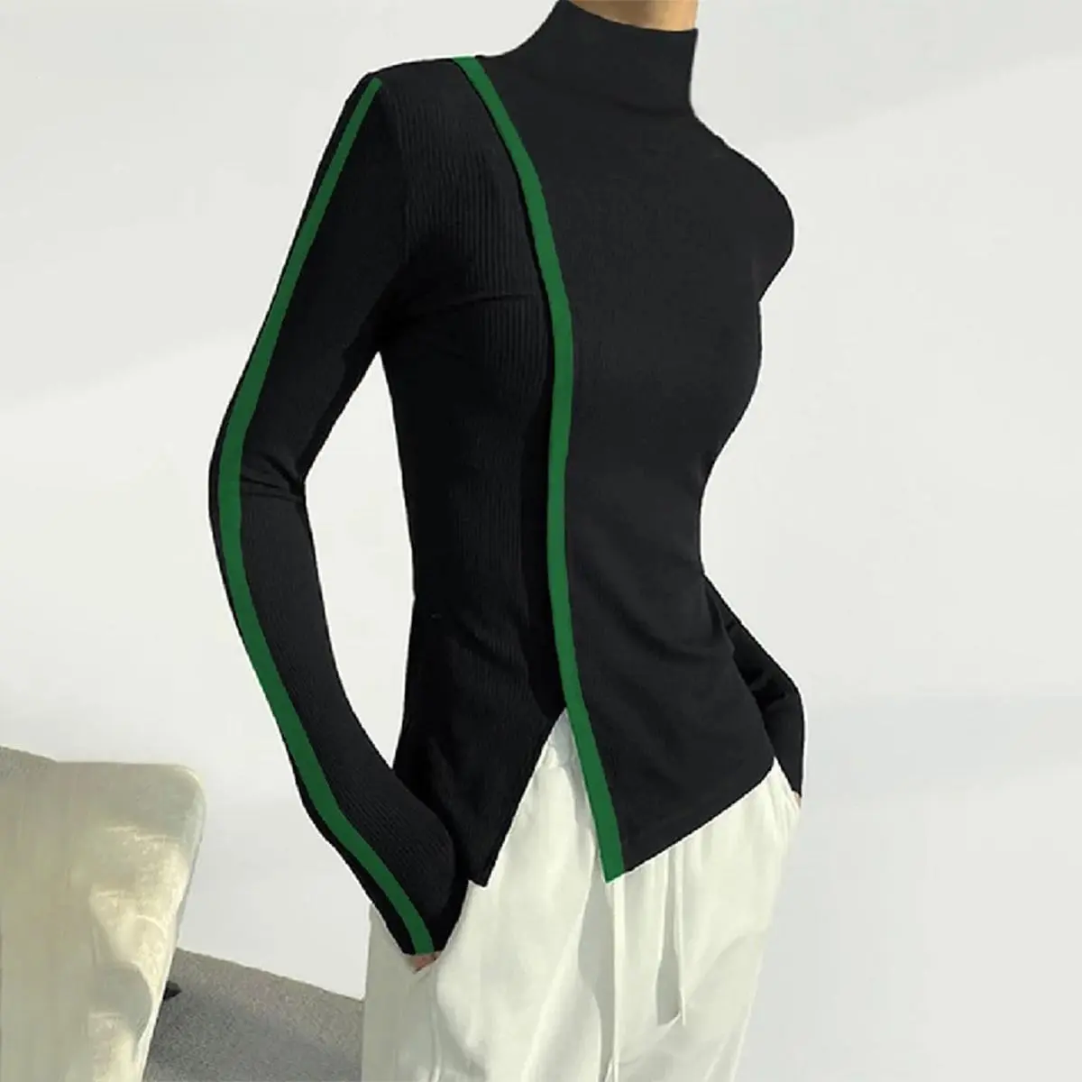 Women's Minimalist Solid Turtleneck Knit Pullover with a Long Sleeve Skinny Fit and Asymmetric Split Hem, Knitwear