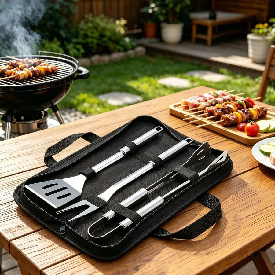 Three-Piece Stainless Steel BBQ Tool Set, Includes Spatula, Tongs, Fork, Portable Storage Bag, Ideal for Camping and Outdoor Grilling, Outdoor Bbq Utensils, Barbecue Tool Sets