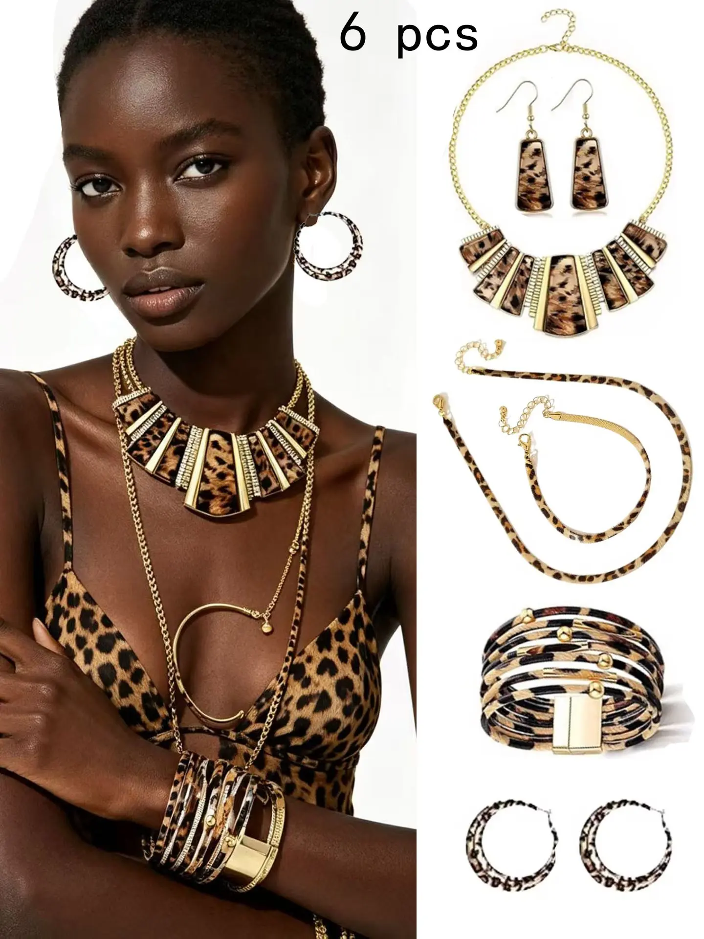 6 Pieces Leopard Earrings Bracelets, Bohemia Jewelry Set, Multilayer Leather Cuff, Boho Style, for Large Wrists, Cosplay Party Accessories