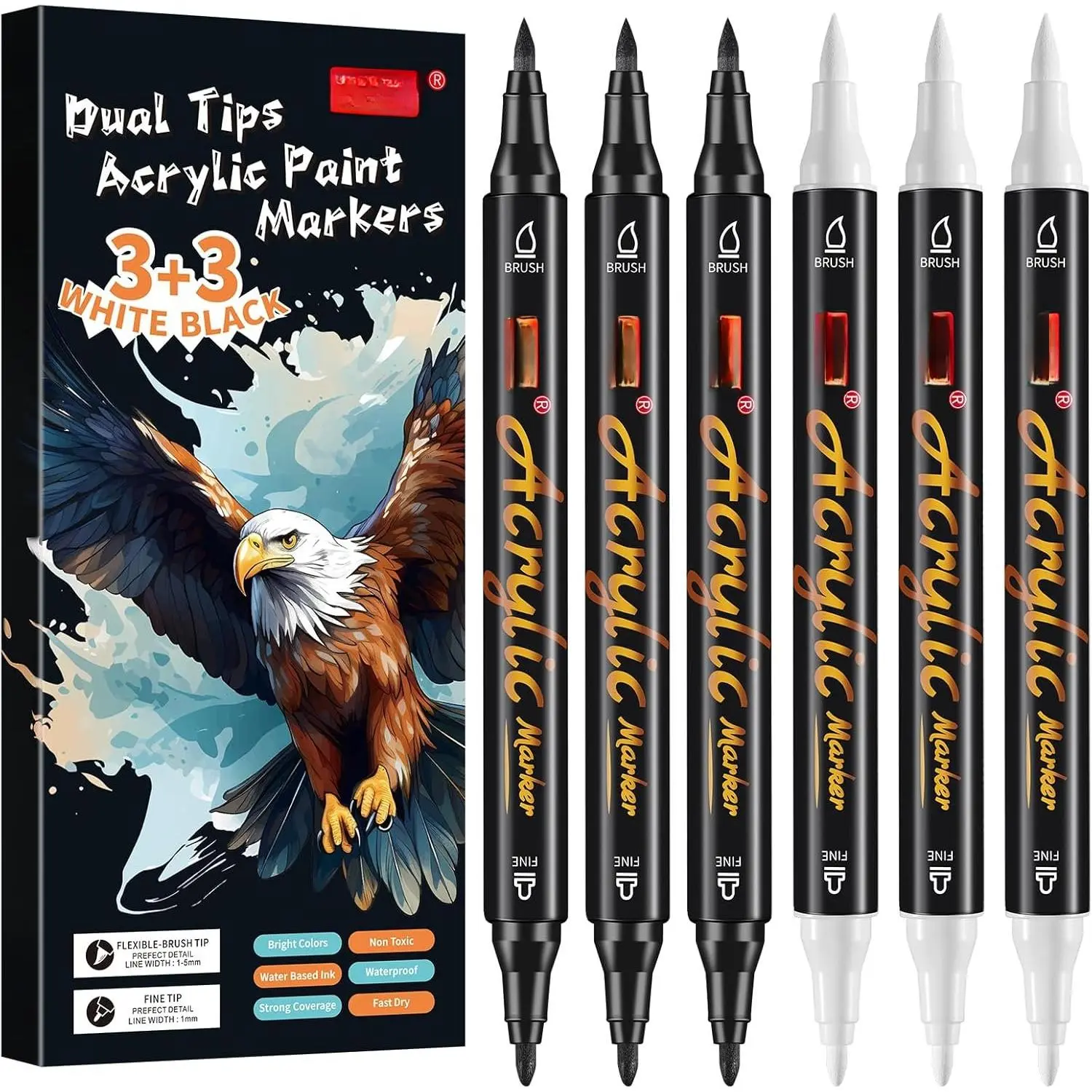 White Black   Pens Markers, 6 count  Tips  Markers