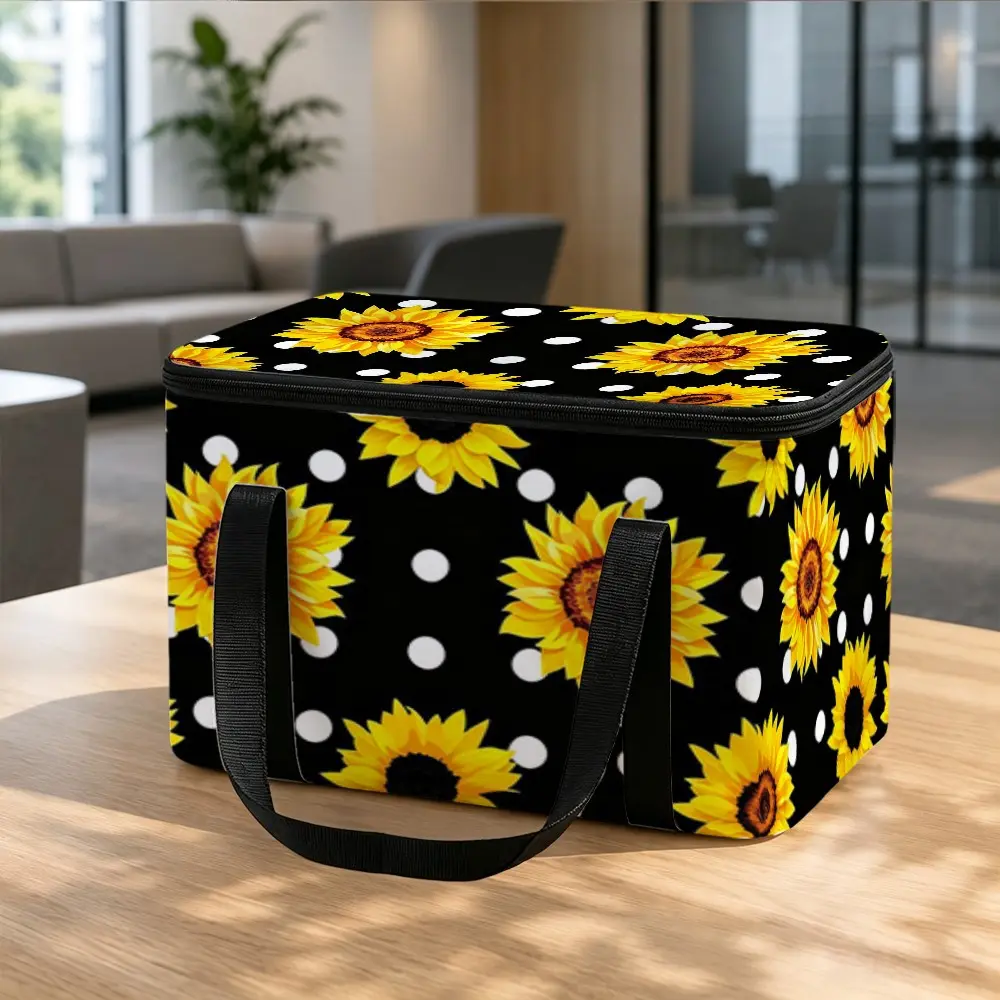 Sunflower Polka Dot Insulated Picnic Bag, Dual Sizes Available, Durable Fabric, Reinforced Handle, Portable Lunch Bag