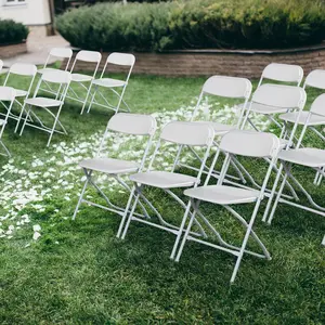 【Five Packages】Outvita 50 Pack White Black Plastic Folding Chair, Indoor Outdoor Portable Stackable Commercial Seat with Steel Frame 350lb. Capacity for Events, Rental Use