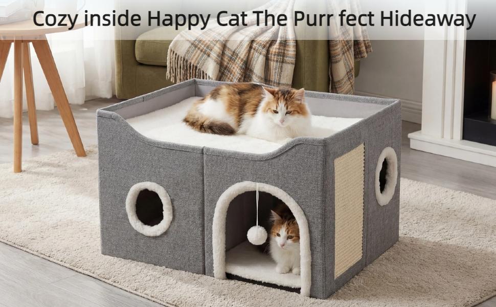 Cat Beds for Indoor Cats - Large Cat Cave for Pet Cat House with Fluffy Ball Hanging and Scratch Pad, Foldable Cat Hideaway, 23.8x15.9x13.2 inches, Grey