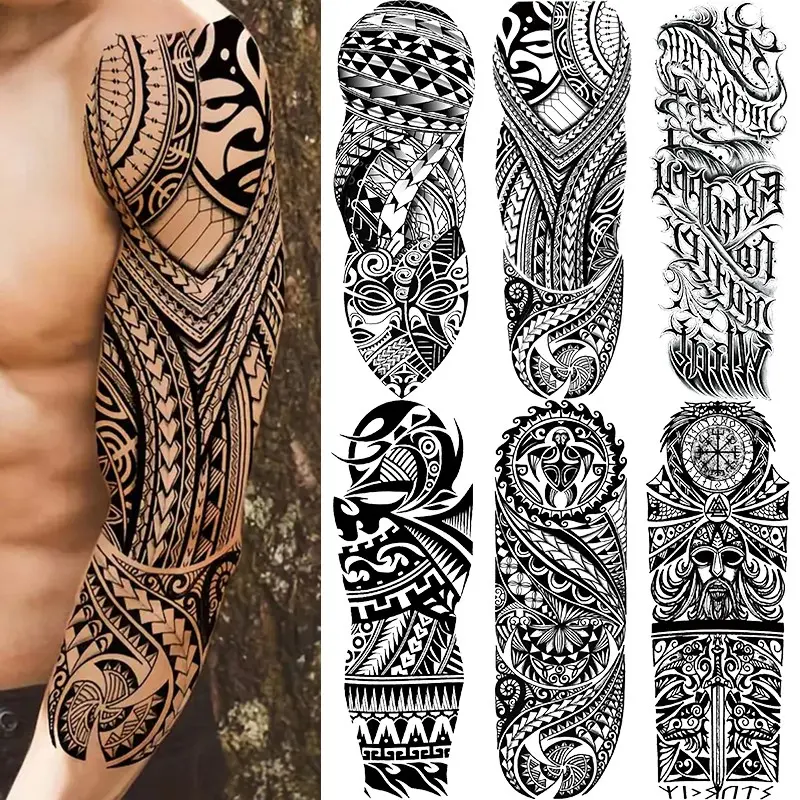 6 Sheets Full Arm Temporary Tattoo Stickers, Tribal Totem Polynesian Design, Waterproof Long-Lasting Realistic Fake Tattoos for Men Women Halloween Party Body Decoration