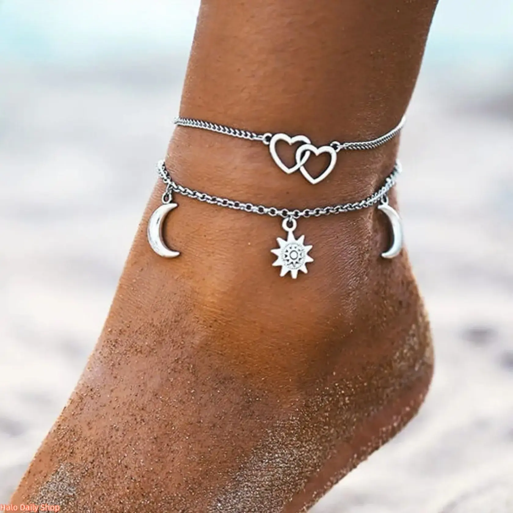 Women's Silver Metal Coating Chain Anklet - Celestial Sun-Crescent Moon-Hearts Charms, Boho Beach Charm Anklet, Elegant Jewelry Gift for Women, Anklets For Women
