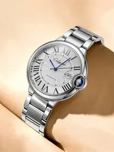 Classic Blue Balloon Men's Quartz Watch, Stainless Steel Strap, Roman Numerals, Calendar Display, Waterproof, Business Casual, Gift Idea