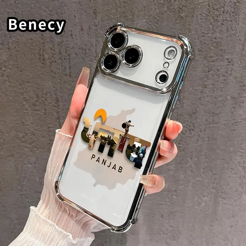 Phone Case - Transparent Electroplated TPU with Punjab's Essence Pattern, Four-Corner Drop Protection, Full Lens Raised Edge, Slim Lightweight Sweat & Slip-Resistant Shockproof Cover for iPhone 18/17/16/15/14/13/12/11 Pro Max Air Plus