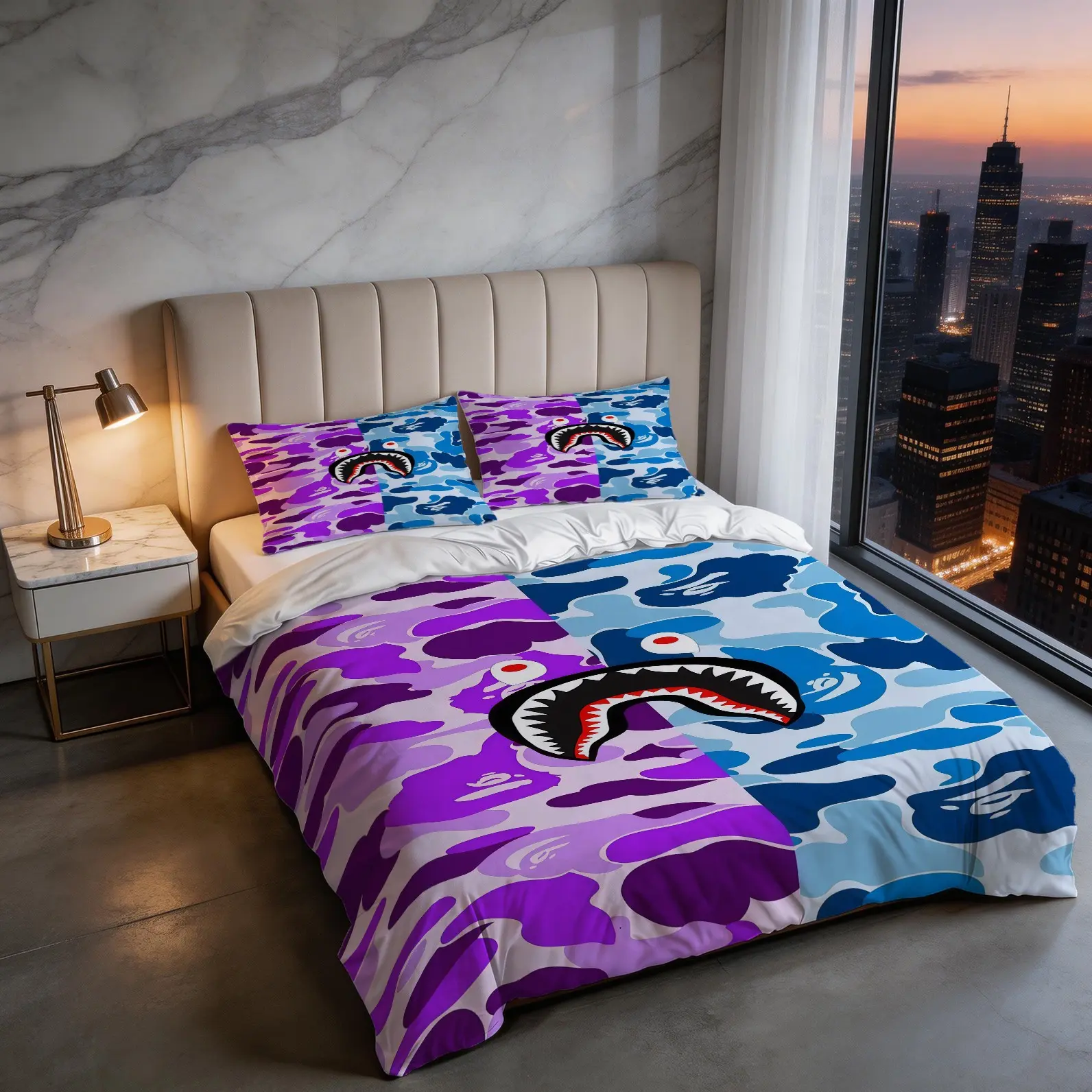 Contrast Color Splicing Camouflage Shark Mouth Pattern Duvet Cover Set, Including 1 Duvet Cover And 1 Or 2 Pillowcases, Excluding Duvet Core And Pillow Core, Hip-Hop Street Cool Atmosphere, Stylish Bedroom Bedding Set For Boys