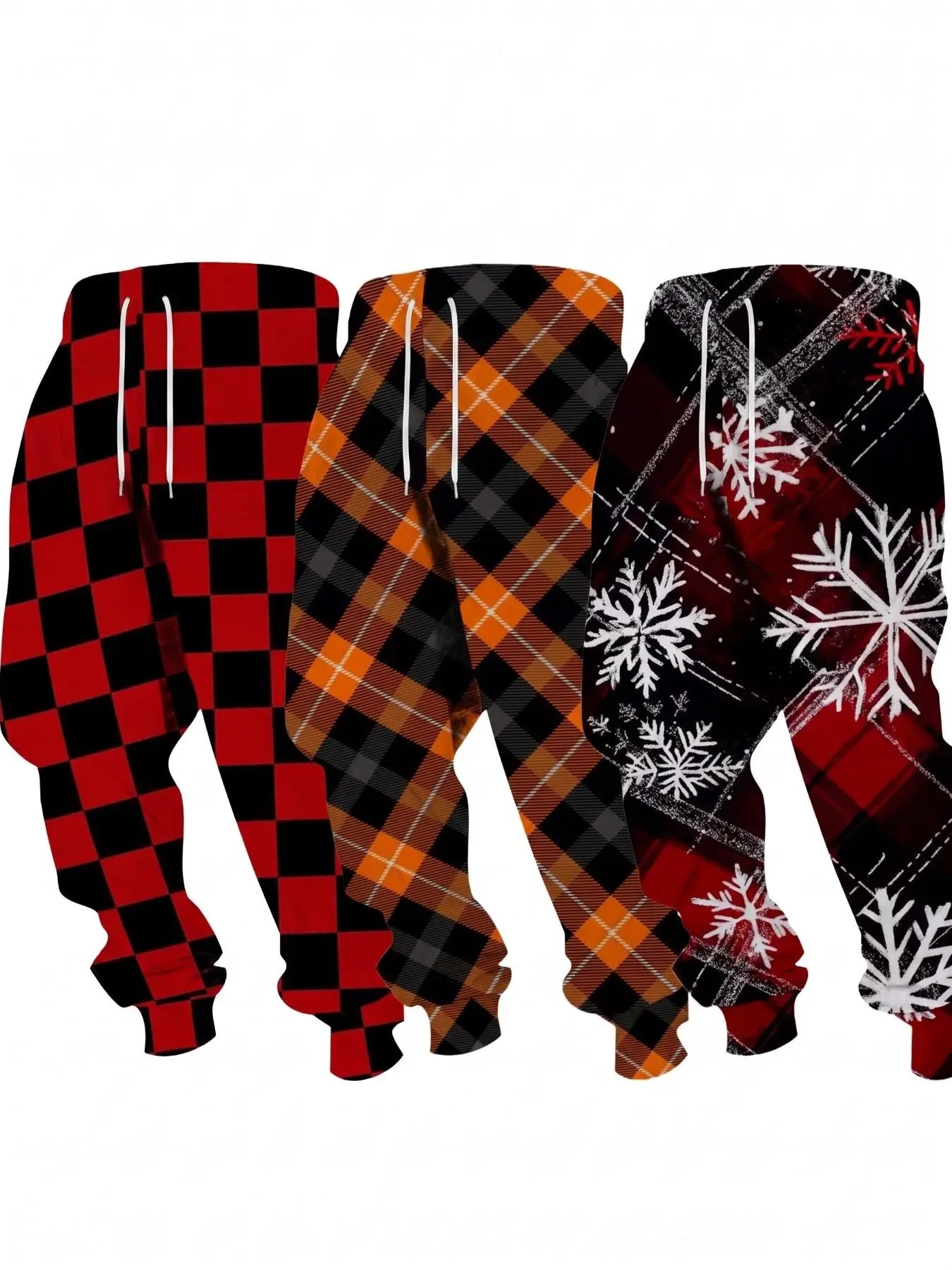 3-Pack Men's Plaid Print Sweatpants, Checkered Diamond Snowflake Patterns, Christmas Casual Sport Long Pants