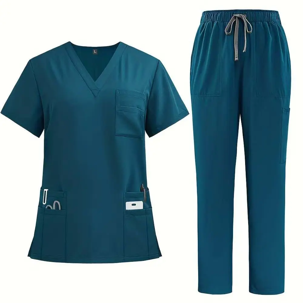 Women'S Nursing Scrub Set - Short Sleeve V-Neck Top with Pockets & Pants, Beige Uniforms for Women, Perfect for Healthcare Worker