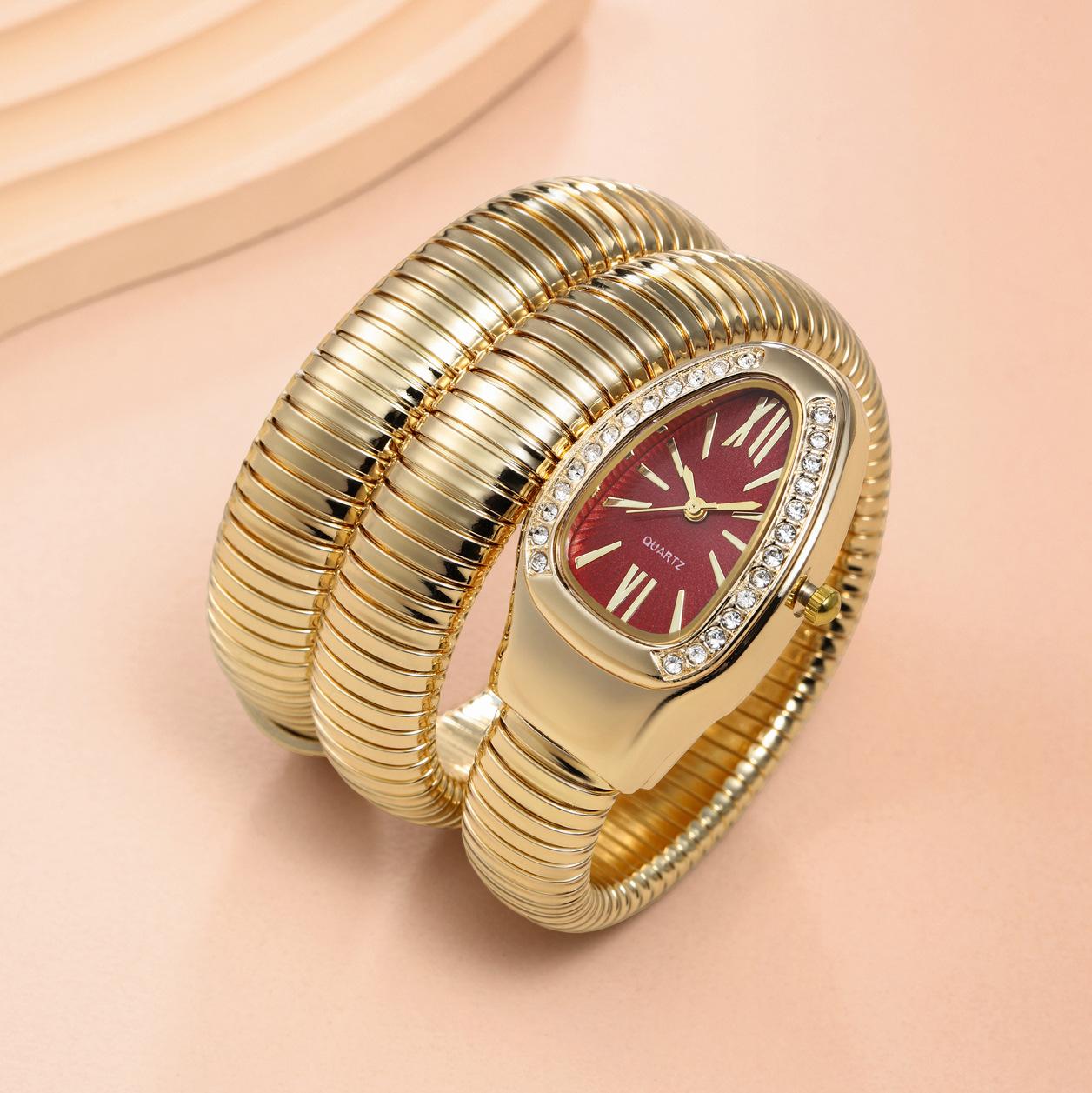 Women's Luxury Gold Snake Bangle Quartz Watch - Wrap Around Wristwatch with Crystal Diamond Bezel, Mother of Pearl Dial, Roman Numerals, Elegant Retro Statement Timepiece, Perfect Gift for Her