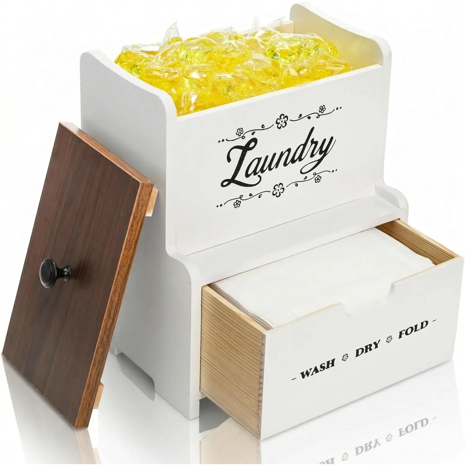 Solid Wood Farmhouse Look Dryer Sheet Holder with Drawers, Lid, 8.5inL*6.3inW*9.8inH - Dustproof Wall-Mount Home Organizer with Printed Saying, Easy-to-Clean, Holds 300 Dryer Sheets, Laundry Pods, Fabric Softener