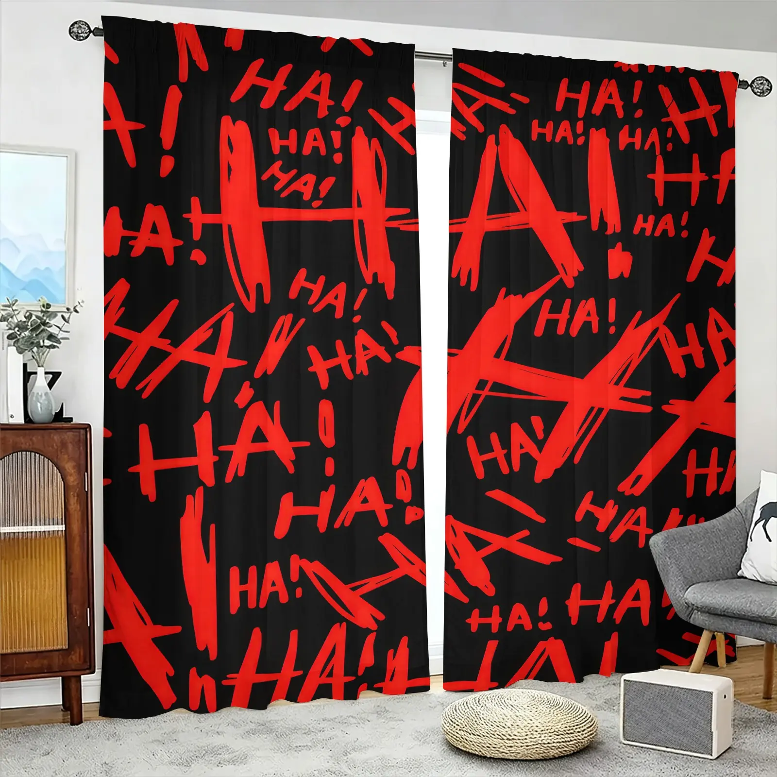 2 Piece Black Red Graffiti HA Slogan Print Curtains, Room Decor Curtain, Rod Pocket Design, Suitable for Bedroom Living Room Dining Kitchen, Window Curtain, Home Decorative Curtain, Home Decoration Curtain