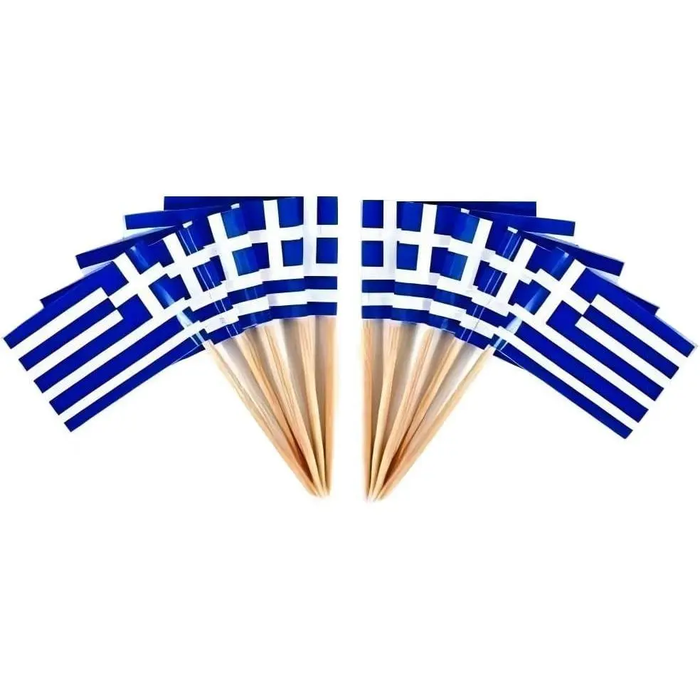 JAVD CYPS 100 Pcs Greek Toothpick Flags, Mini Greece Flag Stick Cupcake Toppers, Country Picks for Party Celebration Cocktail Food Bar Cake Decoration
