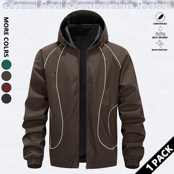 Men's solid color waterproof and windproof drawstring zipper hooded jacket, trendy striped print casual long-sleeved jacket with zipper pockets, suitable for outdoor activities, all year round.
