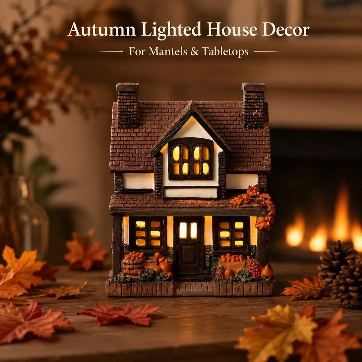 Halloween Autumn Resin Glowing Lighted House Ornament, Creative Festive Home Decor, European Country Style, Living Room Bedroom Hallway Festival Decoration, Gift Idea