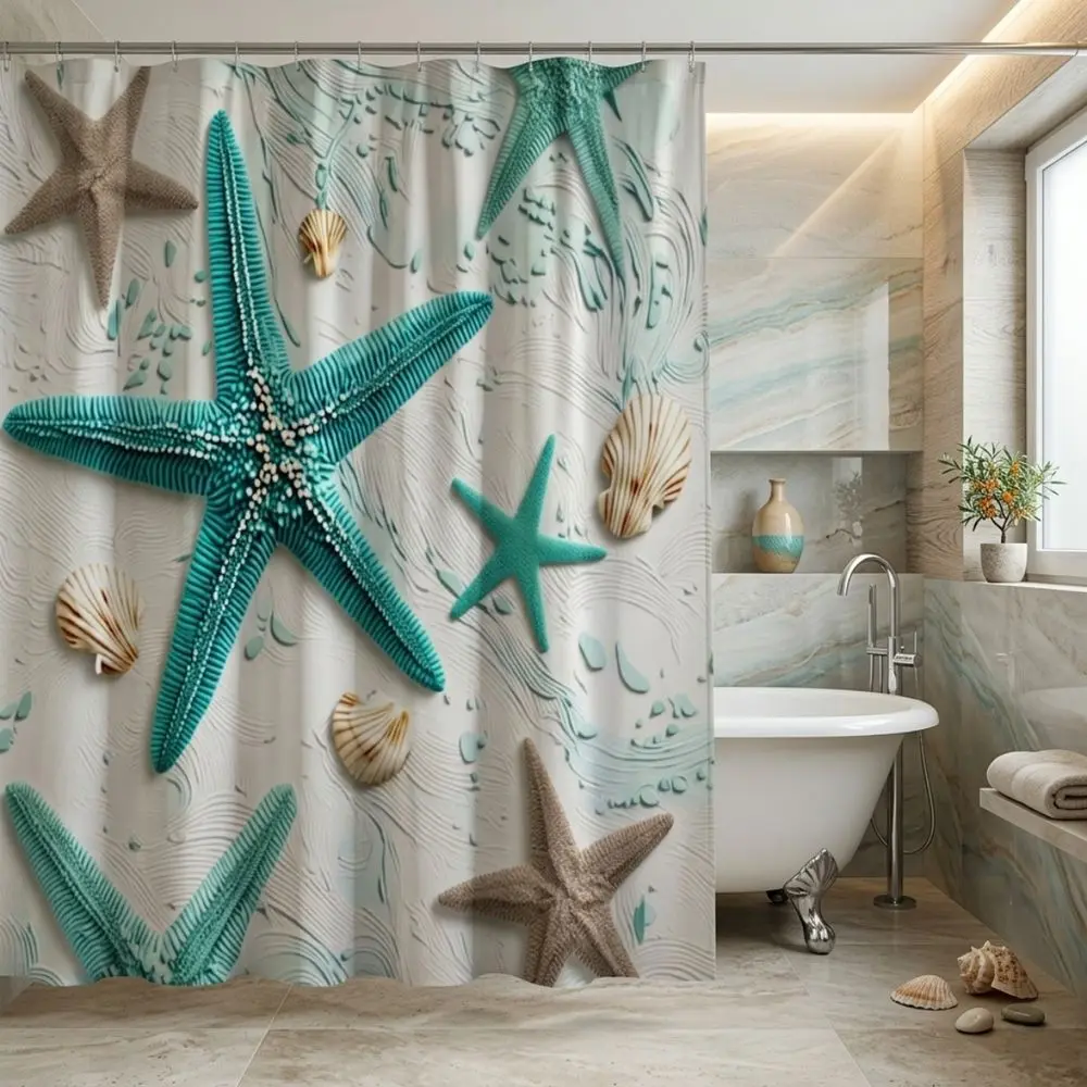 Coastal Bathroom Decor Boho Shower Curtain featuring Teal & Beige Starfish, Seashells, and Ocean Ripple Patterns on White Background for Beach Themed Home Accessories Boho Shower Curtains for Bathroom