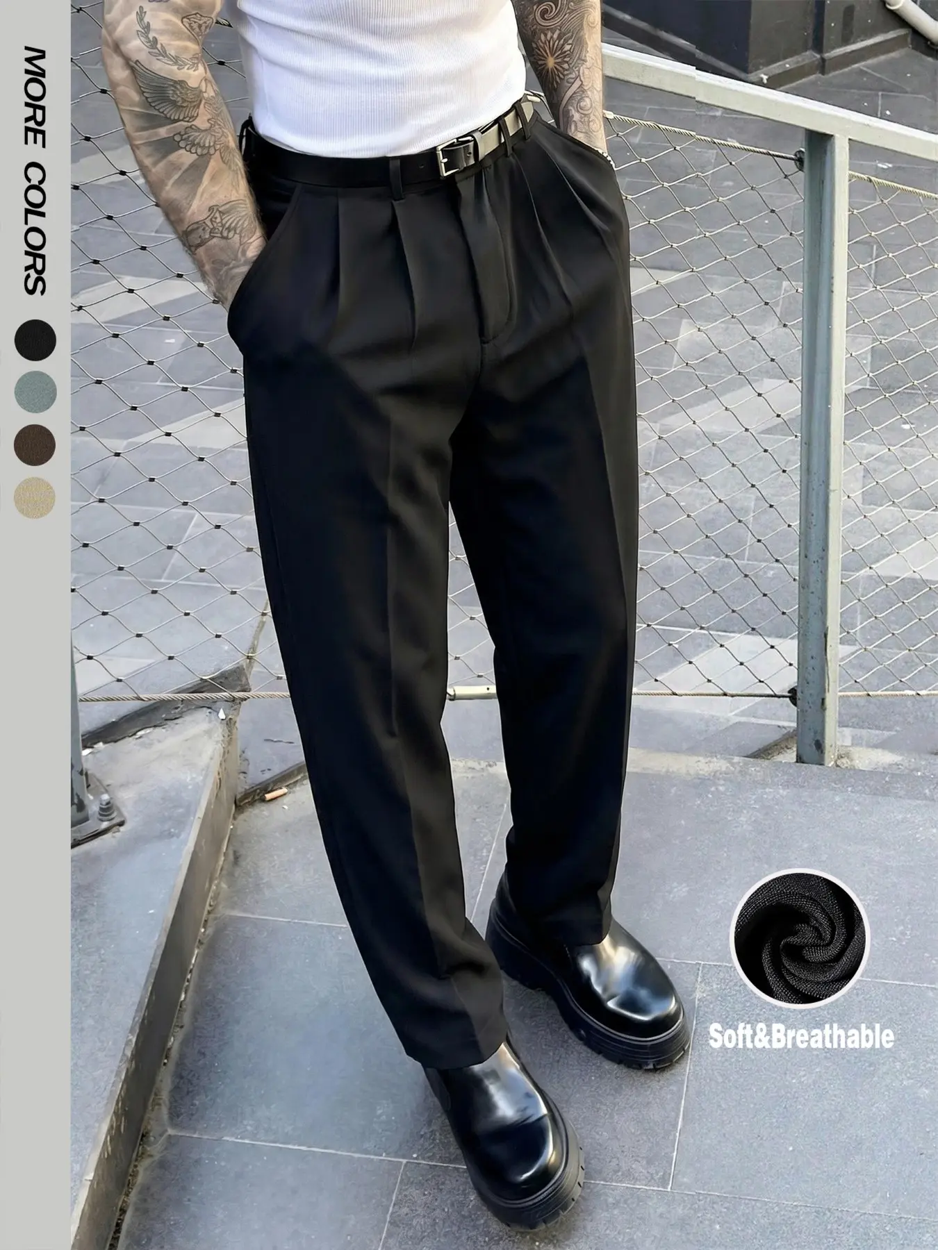 Men's Fashion Loose Fit Dress Pants Casual Solid Color Formal Suit Pants Elegant Wide Leg Elastic Waist Draping Effect Commuting Pants Work Life Clubwear Plain Flat-Front Business Office Pants