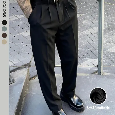 Men's Fashion Loose Fit Dress Pants Casual Solid Color Formal Suit Pants Elegant Wide Leg Elastic Waist Draping Effect Commuting Pants Work Life Clubwear Plain Flat-Front Business Office Pants Bottoms
