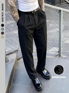 Men's Fashion Loose Fit Dress Pants Casual Solid Color Formal Suit Pants Elegant Wide Leg Elastic Waist Draping Effect Commuting Pants Work Life Clubwear Plain Flat-Front Business Office Pants