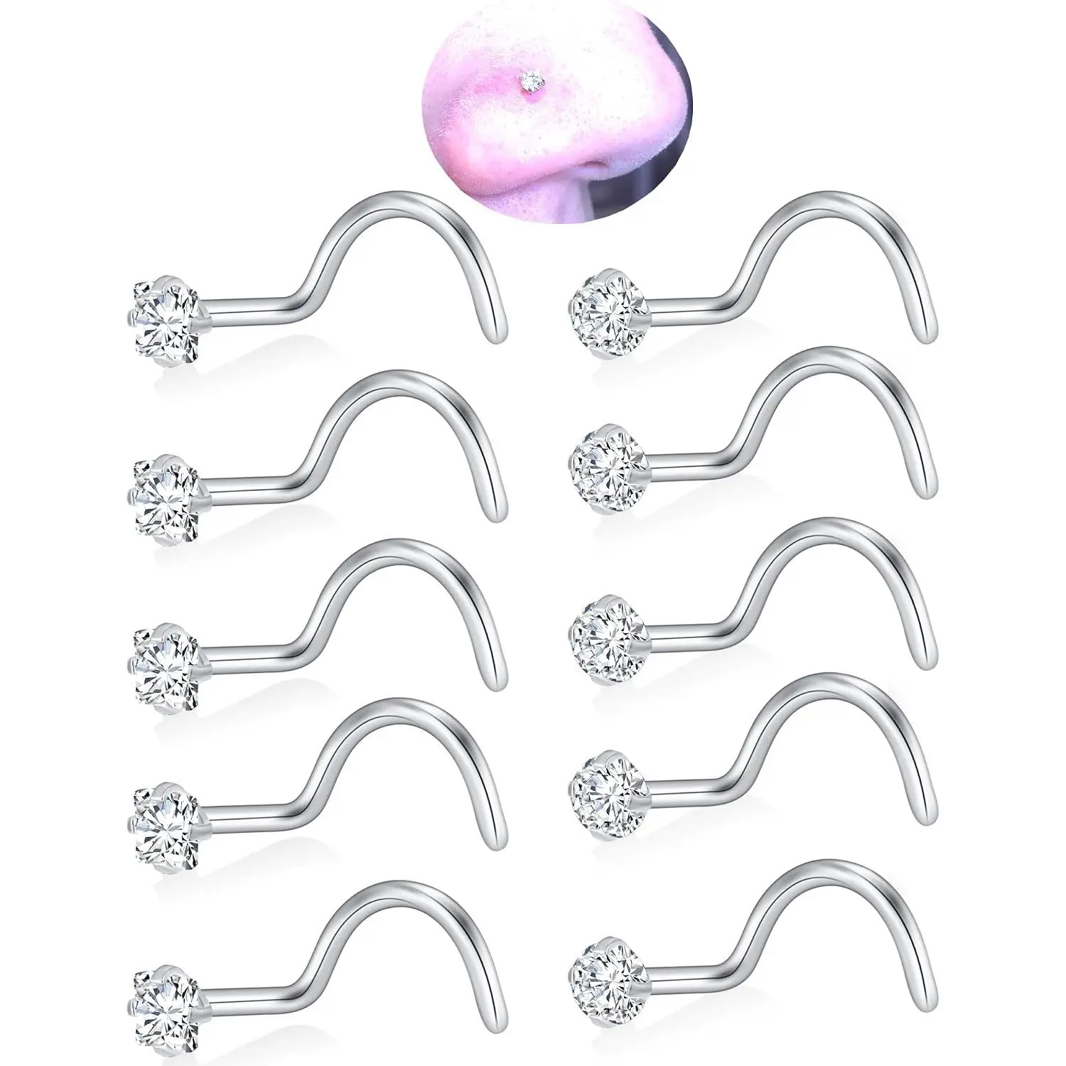 20G Nose Rings Studs for Women Corkscrew Sliver Nose Studs  Nose Rings 316L Stainless Steel Nose Nostril Percing Jewely for Women Men Round Square CZ Imitation  1.5mm/2.0mm/2.5mm/3.0mm