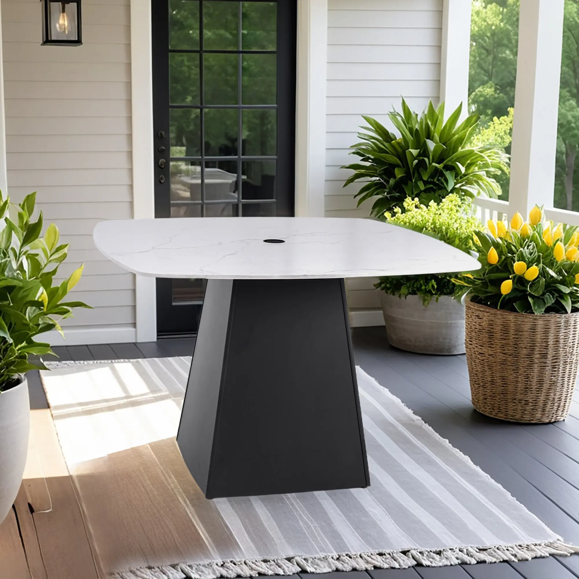 ARCH Modern 44" Rounded Square Outdoor Pedestal Dining Table for 4, Greek Marble-Look Sintered Stone Top, Flared Pyramid Aluminum Base, Ember Black Finish, Rust-Free, Weather Resistant, Patio Deck Poolside Furniture, Ember Black Color Options