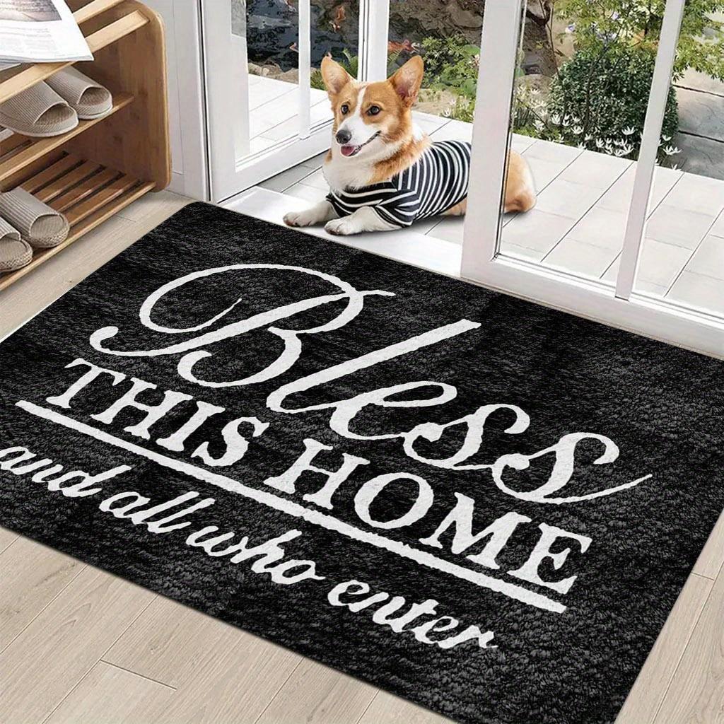 "Bless This Home & All Who Enter" Non-Slip Door Mat - Machine-Washable Indoor/Outdoor Mat with PVC Backing, Black & White Holiday Design for Entryway, Living Room, Bedroom, Kitchen, Entryway Decor, Elegant Script Style, Durable Floor Covering