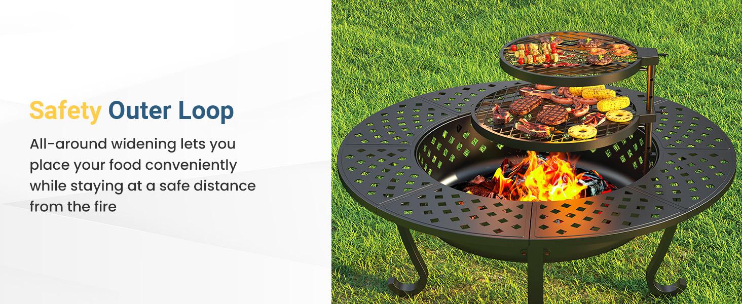 Royalcraft 43'' Fire Pit with 2 Grills, Outdoor Wood Burning Fireplace with Lid and Fire Poker, BBQ & Bonfire & Round Metal Table 3 in 1 for Patio, Backyard, Garden, Black