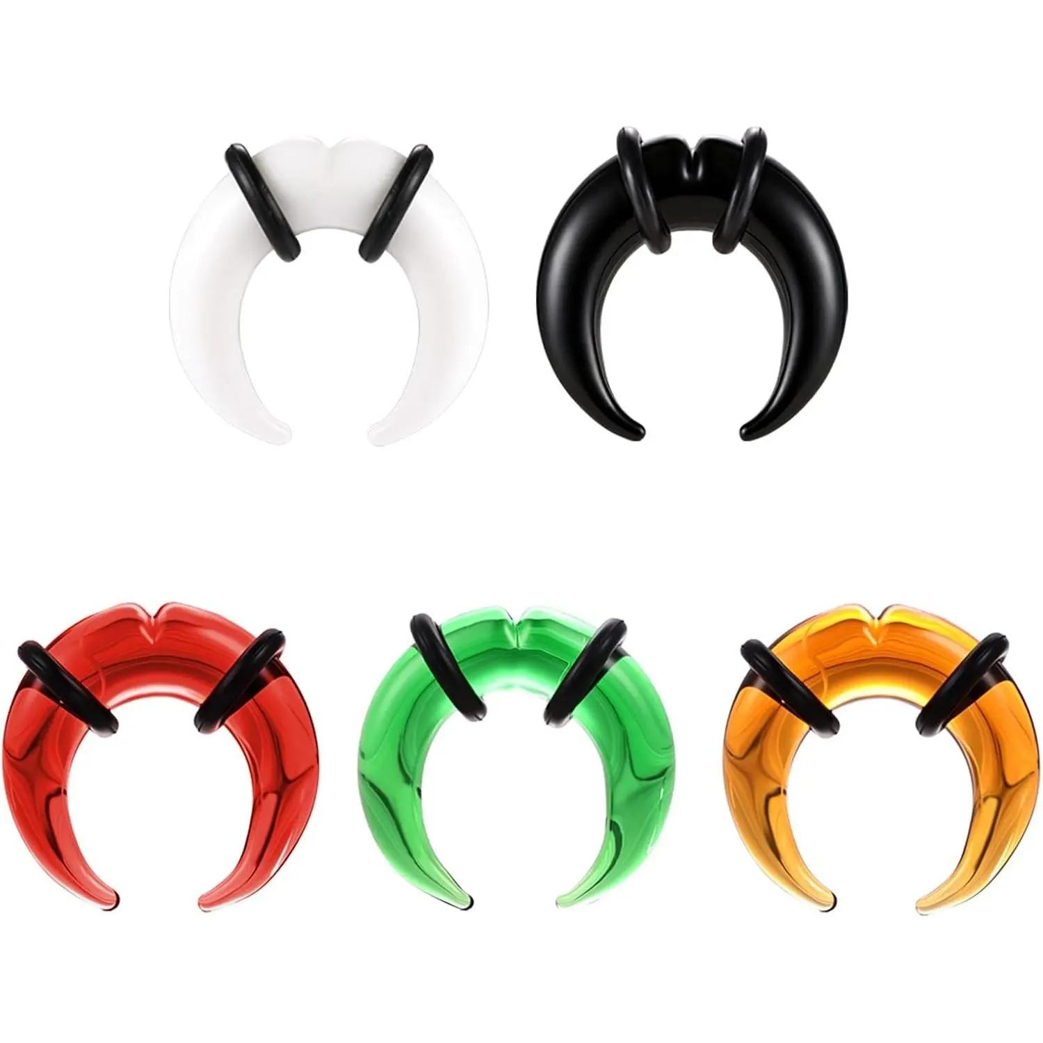 5Pcs Glass Septum Stretching Kit Set - C Shape Pincher Tapers with O-Rings, 14G to 5/8" Colorful Buffalo Septum Retainers Rings for Pierced Nose Ear