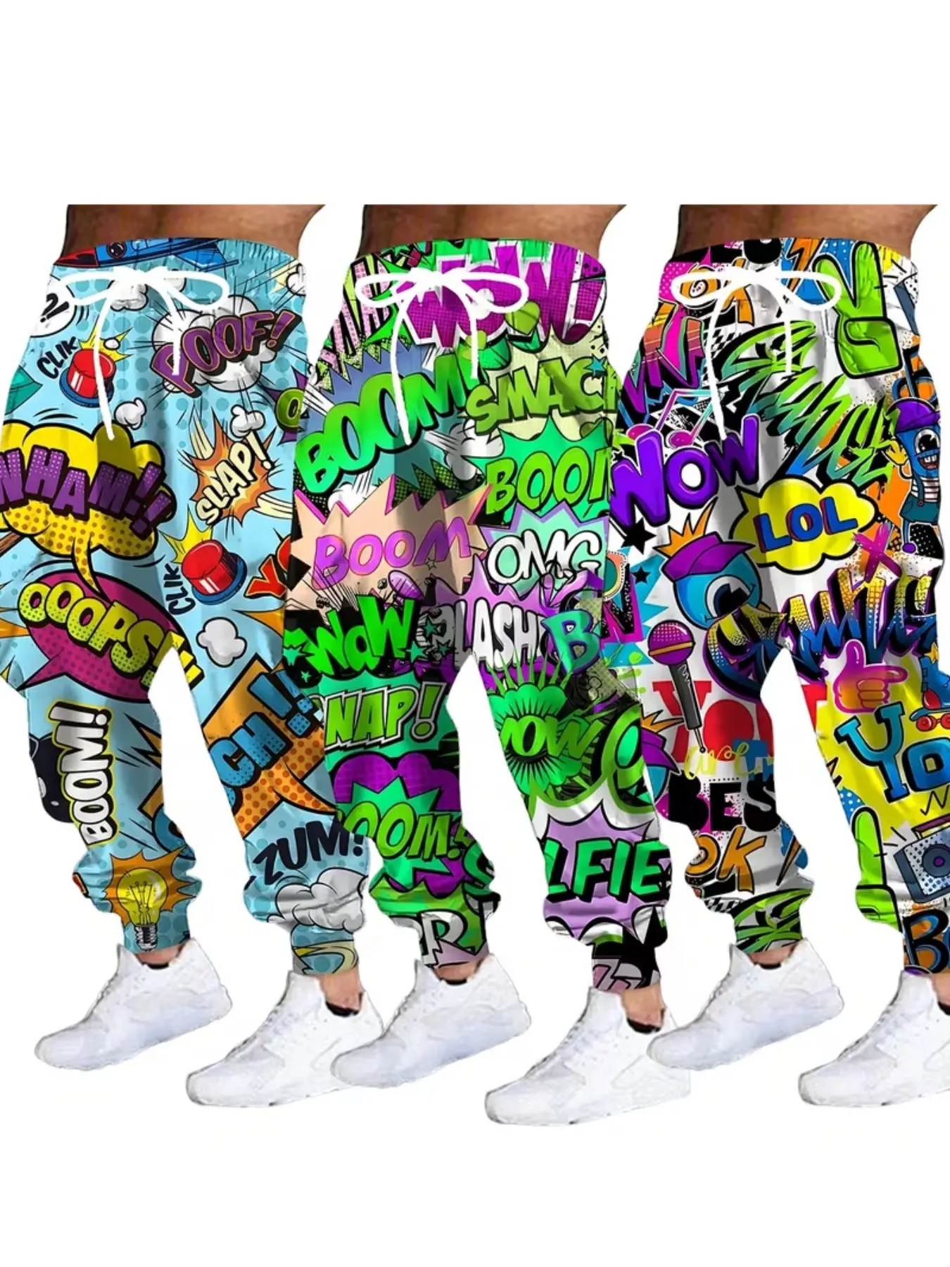 3-Piece Set Retro Cartoon Print Sweatpants, High Street Trendy Drawstring Waist, Loose Fit Ankle-Length Pants for All Seasons