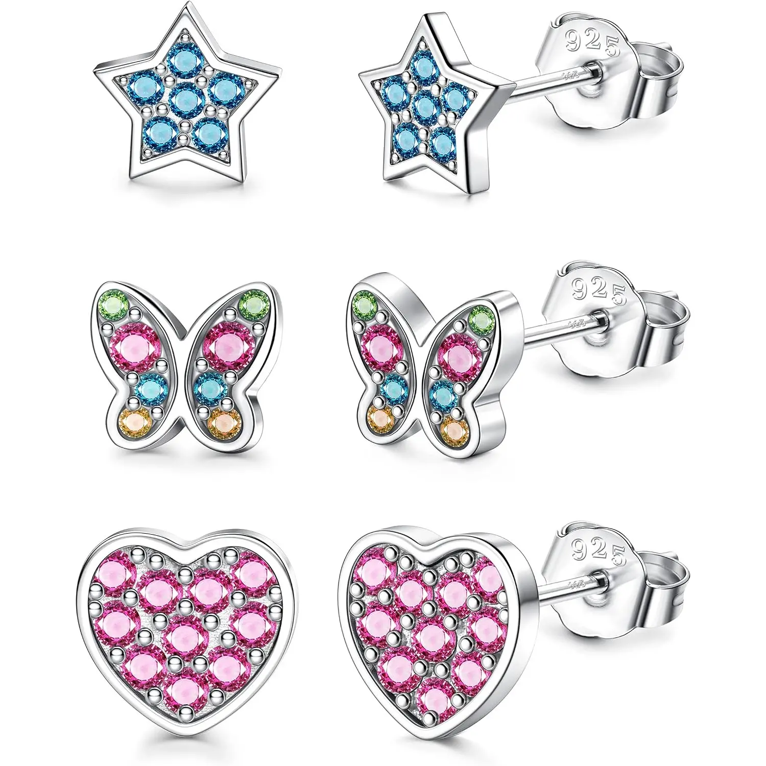 3 Pairs 925 Sterling Silver Needle Small Stud Earrings for Women & Kids, Butterfly Heart Star CZ Cartilage Earrings, Hypoallergenic Earring Set