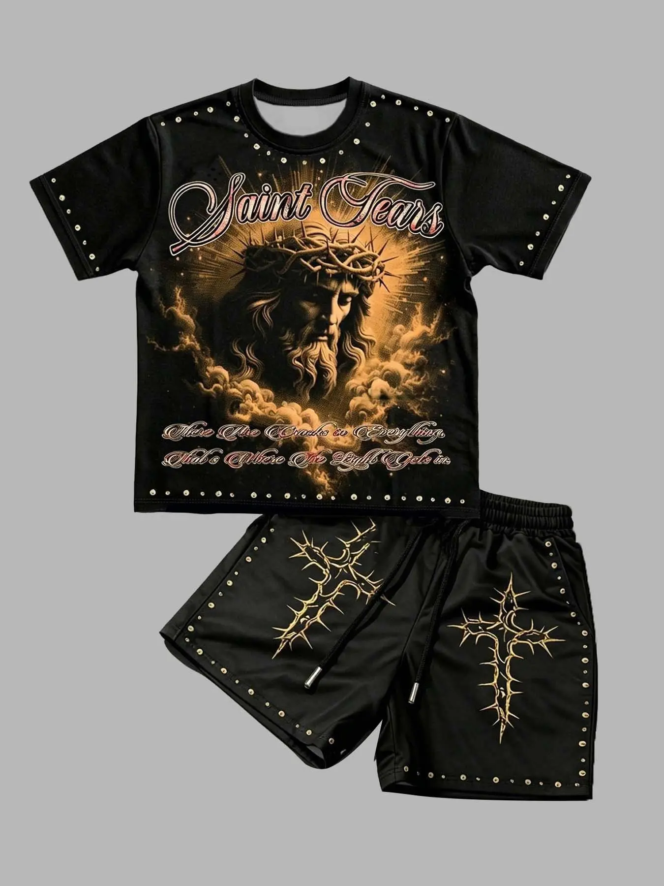 Y2K Dark High Street Men Short Set Saint Tears Jesus Graphic Tee and Thorn Cross Shorts 2 Piece Outfits Vintage Grunge Knitted Sweatshirt Fabric Standard Size for Summer Music Festival Streetwear