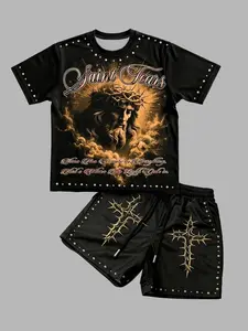 Y2K Dark High Street Men Short Set Saint Tears Jesus Graphic Tee and Thorn Cross Shorts 2 Piece Outfits Vintage Grunge Knitted Sweatshirt Fabric Standard Size for Summer Music Festival Streetwear
